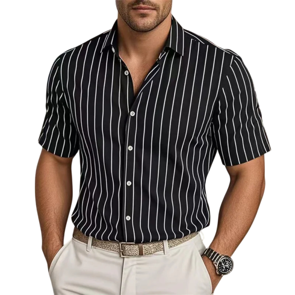 Men's Striped Short-Sleeved Shirt with Fine Vertical Stripes, Classic Collar, Full-Length Button Fastening and Straight Hem black S