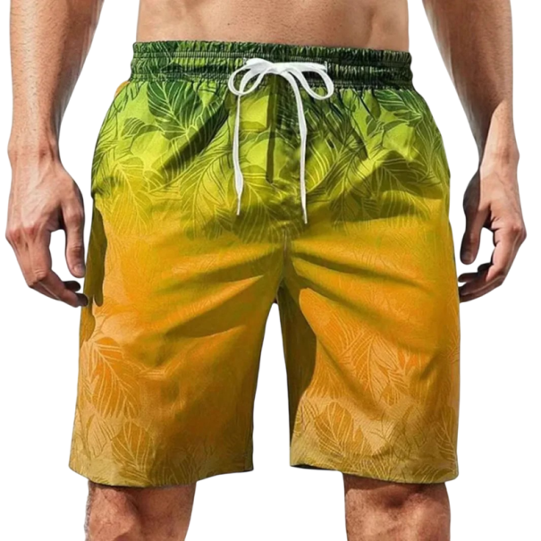 Men's Swim Shorts Rainbow Design Leaf Print Drawstring Waist Quick-Drying Polyester Lightweight Material Summer Beach Pool yellow XL