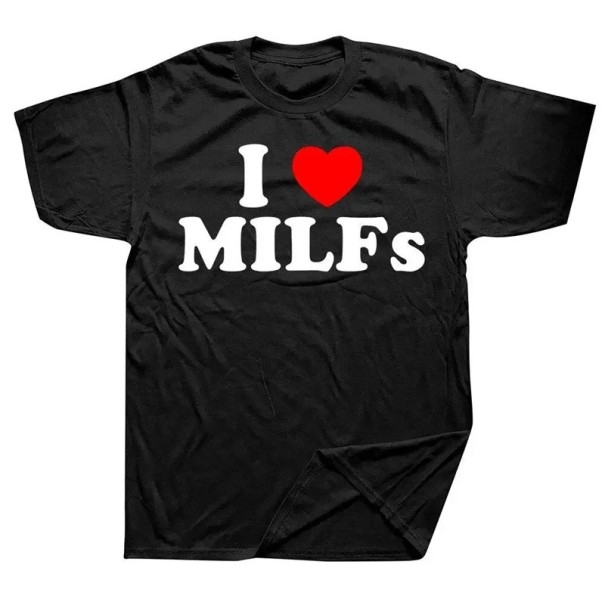 Men's T-Shirt with Humorous Print I LOVE MILFs Original Printed T-Shirt Fun T-Shirt for Parties and Festivals T-Shirt for Men with a Sense of Humour black XL