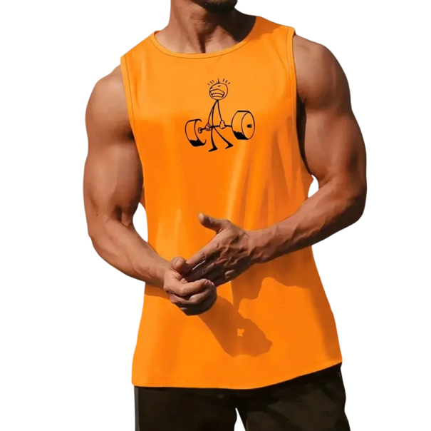 Men's Tank Top with Round Neck Featuring Weightlifting Character Print Polyester Lightweight Sports Top for Fitness orange M