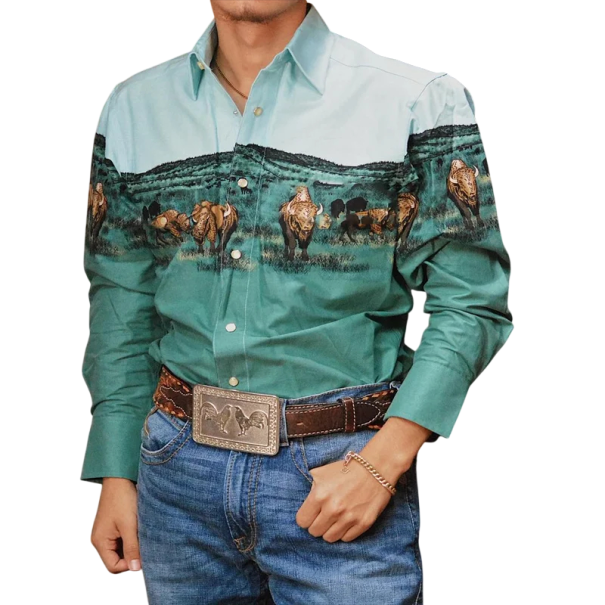 Men's Turquoise Western Shirt with Long Sleeves and Buffalo Herd Print in Prairie Landscape Across the Chest and Sleeves with Yoke Across the Shoulders XXS