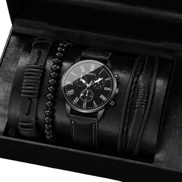 Men's Watch Set with Leather Strap Black Colour and 3 Leather Bracelets Modern Accessory Stylish Set Elegant Gift for Men 1