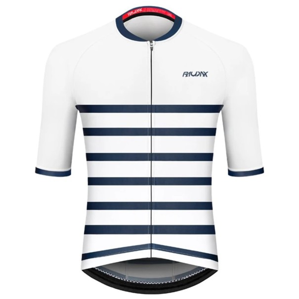 Men's White Short Sleeve Cycling Jersey with Zip and Blue Stripes for Cycling, Sports and Activities XXS