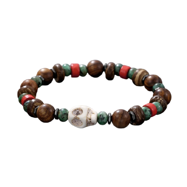 Men's Wooden Beaded Bracelet with Skull Combined Beads Adjustable Diameter 17 cm Natural Brown for Wearing 1