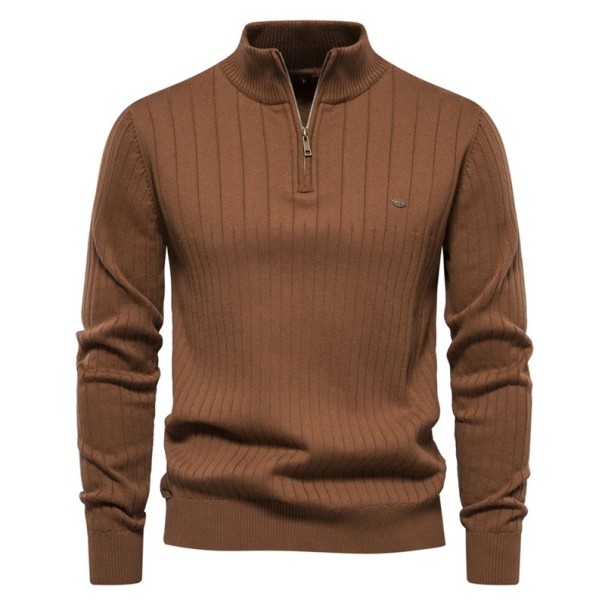 Men's Zip Neck Sweater with Roll Neck Long Sleeve Plain Knitted Sweater Elegant Winter Fashion Cotton Lycra Comfortable Sweater Various Colours brown L