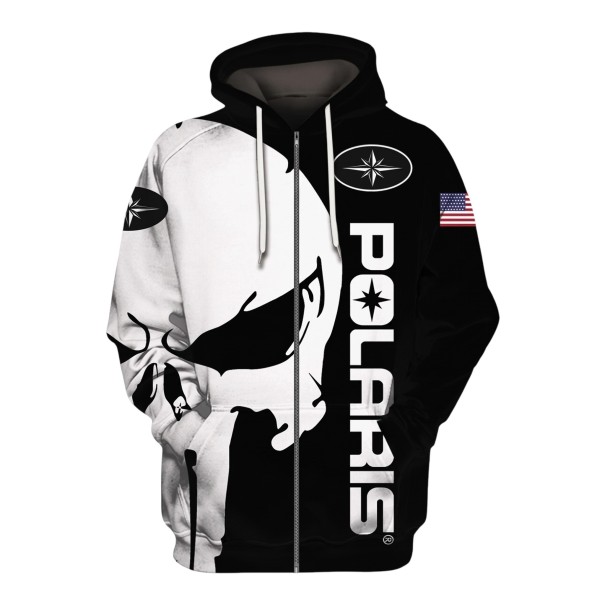Men's Zip-Up Hoodie with White Drawstrings Featuring a Large Skull Print and American Flag on the Sleeve in Biker Style Black and White M