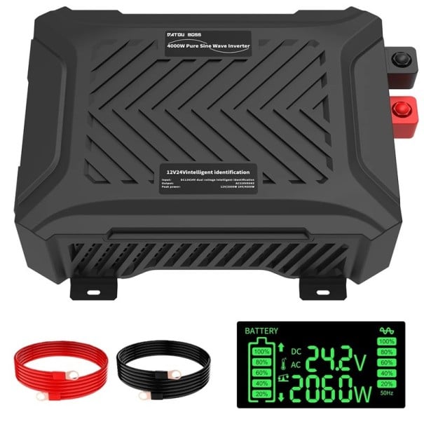 Měnič napětí s čistou sinusovou vlnou 12 V i 24 V výstup AC 220-240 V špičkový výkon 4000 W LCD displej černý do auta a na chatu 1