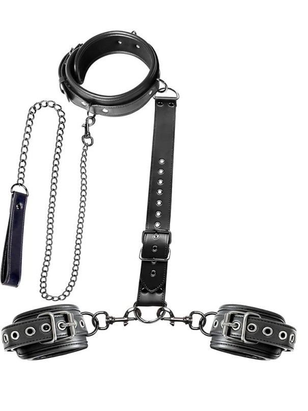 Menottes en cuir pour le cou et le dos avec collier en chaîne, sangle arrière réglable, fermeture à bande, finition luxueuse, emballage discret 1