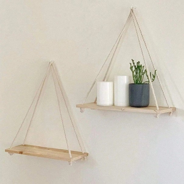 Mensola sospesa in legno naturale Mensola sospesa con corde Decorazione minimalista per pareti Stile loft boho Beige
