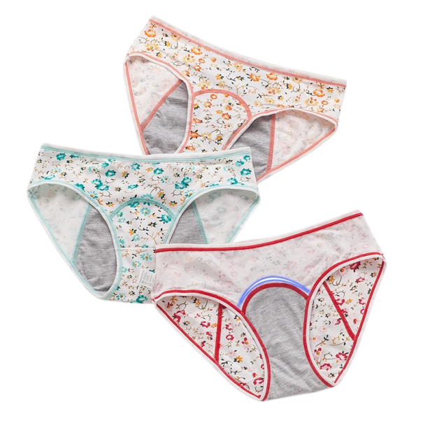 Menstruaaliset alushousut 3 kerrosta puuvillaa ja elastaania valkoiset kukkakuviolla alusvaatteet käytettäväksi kuukautisten aikana 3 kappaleen setti L