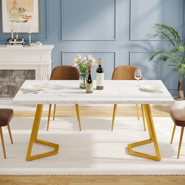 Mesa de comedor blanca 140 x 80 x 75 cm Piernas doradas con brazo vertical y diagonal unidas por una base angular Tablero rectangular sin marco 1