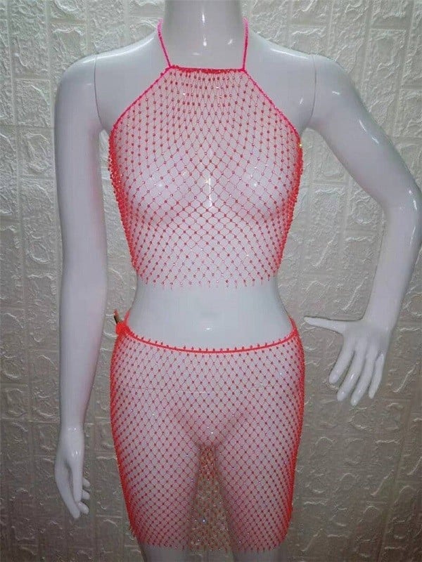 Mesh crop top en rok voor dames donkerroze