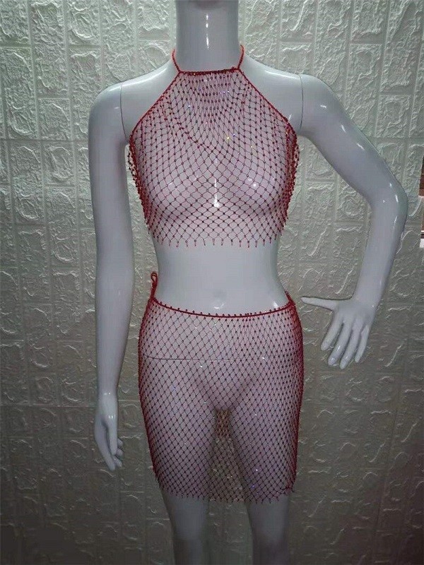 Mesh crop top en rok voor dames rood
