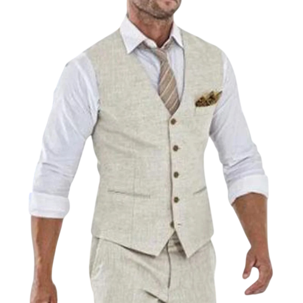 Męska beżowa lniana kamizelka z kieszeniami i kieszonką na piersi Jednokolorowa elegancka kamizelka na guziki Formalna kamizelka lniana Sztuczny jedwab XL