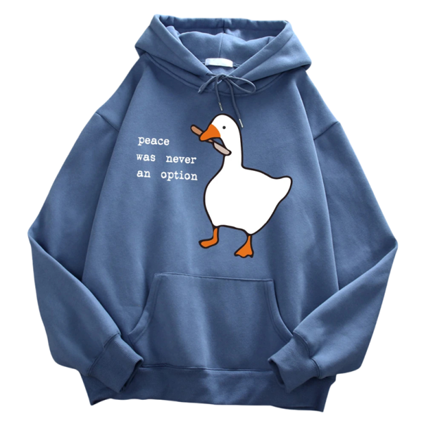 Męska bluza z kapturem i kieszeniami Jednokolorowa bluza z nadrukiem kaczki z nożem i napisem Peace Was Never an Option Stylowy model z poliestru jasnoniebieski XS