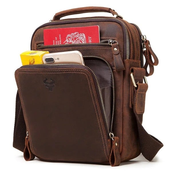 Męska skórzana torba na ramię 25×21×9,5 cm Vintage Duża pojemność Torba podróżna Elegancka torba typu crossbody dla mężczyzn do codziennego noszenia ciemny brąz