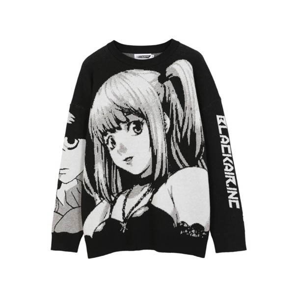 Męski sweter czarny Japoński styl Anime Girl Pleteny sweter z nadrukiem anime dziewczyny Stylowy streetwear sweter Poliester M