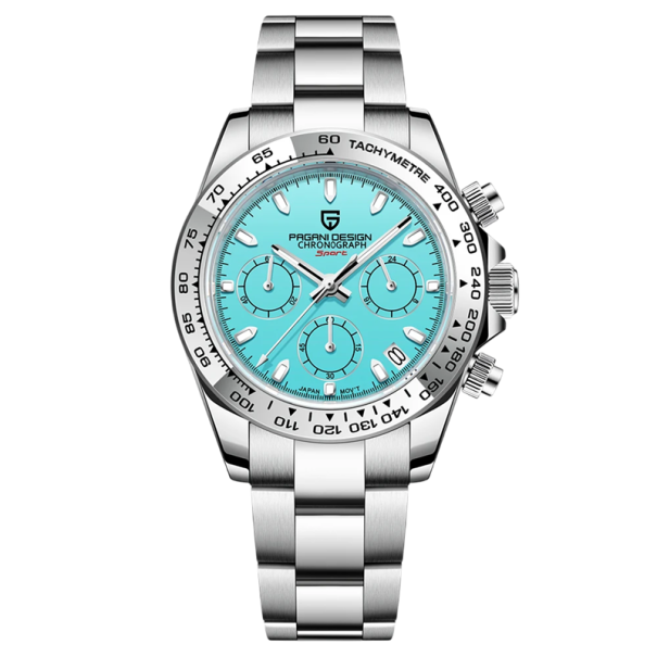 Męski zegarek kwarcowy z chronografem Szkło szafirowe Tarcza 40 mm Obudowa ze stali nierdzewnej Wodoodporny Odporny na wstrząsy Pasek 21 cm niebieski