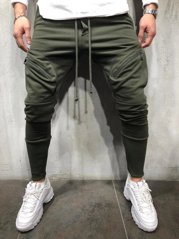 Męskie spodnie dresowe F1574 zieleń wojskowa L