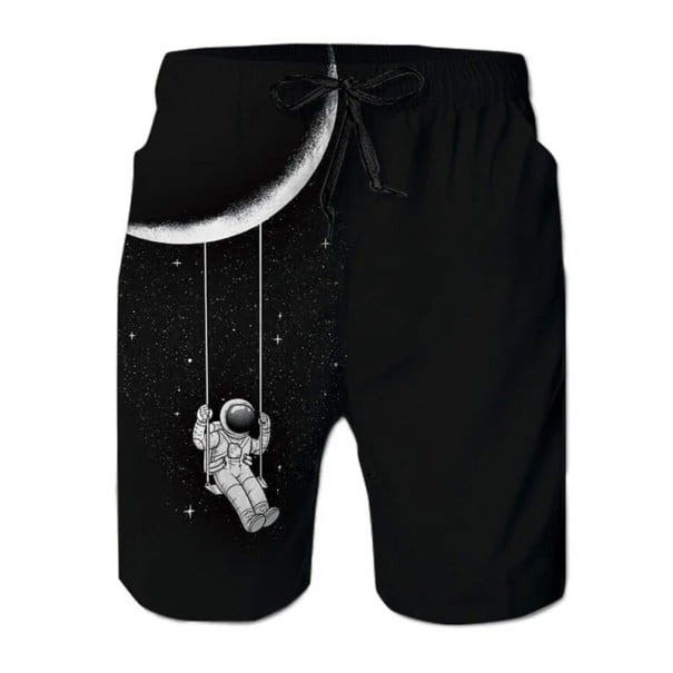 Męskie szorty kąpielowe Polyester Czarne Z nadrukiem astronauty na huśtawce na Księżycu Na sznurku Letnie do basenu L