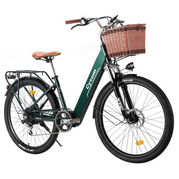 Městské elektrokolo se step-thru rámem a předním košíkem, kola 26 palců, baterie 36V 10Ah, dojezd 90 km, 7 rychlostí, motor 250 W zelená