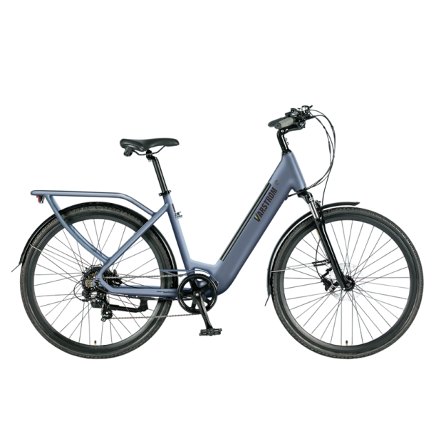 Městské elektrokolo VARSTROM 28", motor 250W, baterie 43,2V 13Ah, dojezd 120 km, 7 rychlostí, hliníkový rám, kotoučové brzdy, nosič modrá