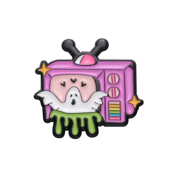 Metal Brooch Retro TV Ghost Heart Enamelled Badge Pink Multicoloured Pin for Clothing Backpack Halloween Horror Accessory 1