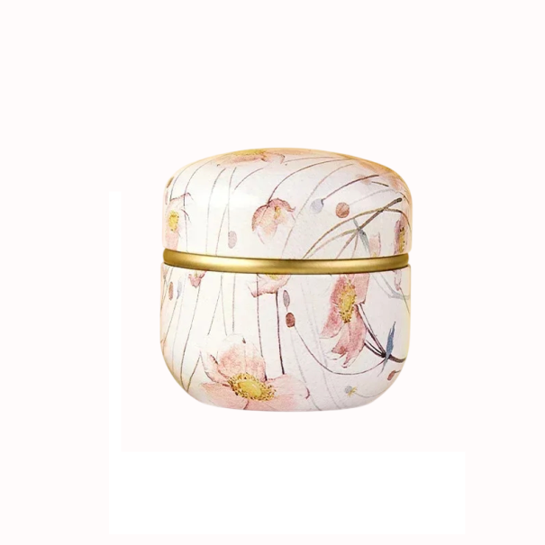 Metal Double Box 8.5 × 8.5 cm Delicate Floral Design Pink Flowers on Light Background with Gold Band Lid 1