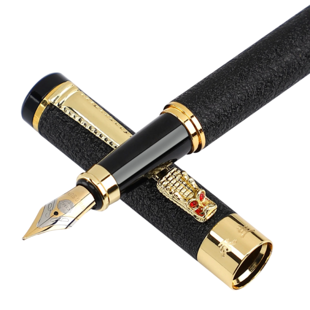 Metal Fountain Pen Medium Nib 0.5 mm Length 13.5 cm Ink Writing Pen Decorative Design for School Office Writing black
