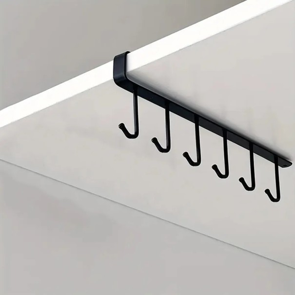 Metal Hanging Rack with 6 Hooks for Cabinets or Under Shelves Iron Holder for Mugs Belts and Kitchen Utensils Black Organiser black