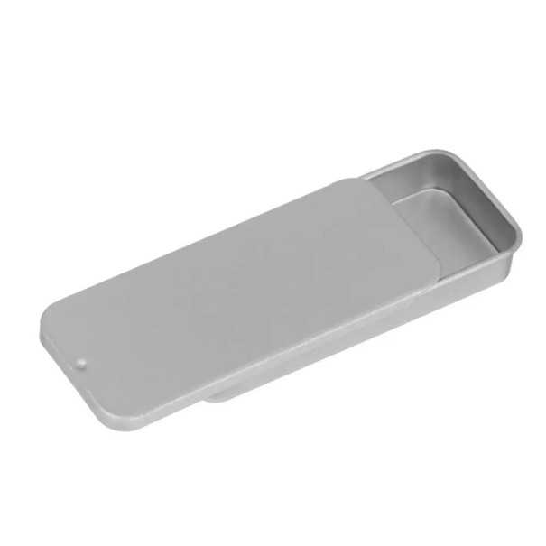 Metalboks til smykker og småting 80 × 34 × 11 mm metalbeholder med skydelåg til medicin og slik grå