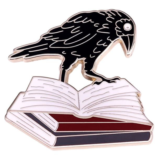 Metalen broche kraai op boeken metalen pin zwart-rood badge voor kleding rugzak tas bibliotheekmotief met vogel 1