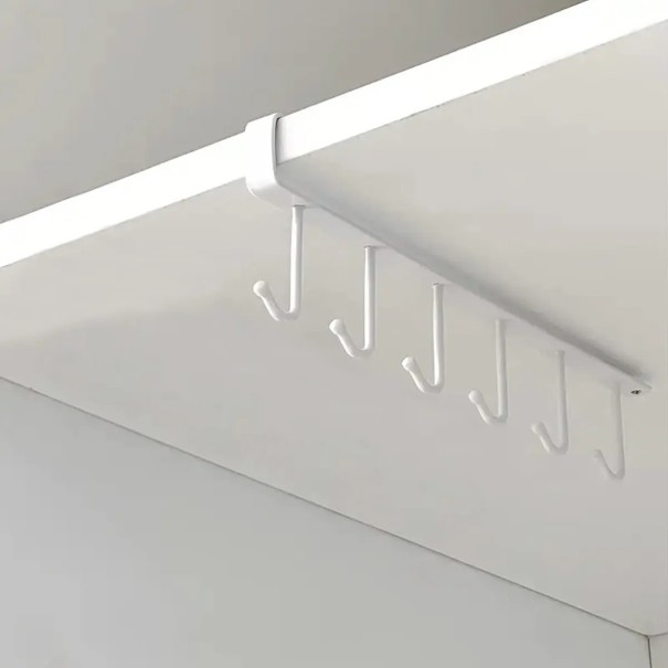 Metalen hangrek met 6 haken voor in de kast of onder een plank ijzeren houder voor mokken riemen en keukengerei zwarte organizer wit