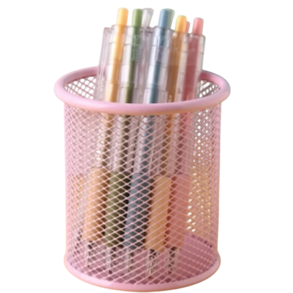 Metalen pennenhouder van gaas, 9,5 x 9 cm, vierkante organizer voor kantoorbenodigdheden, duurzame pennenbak, opbergdoos voor op het bureau. lichtroze