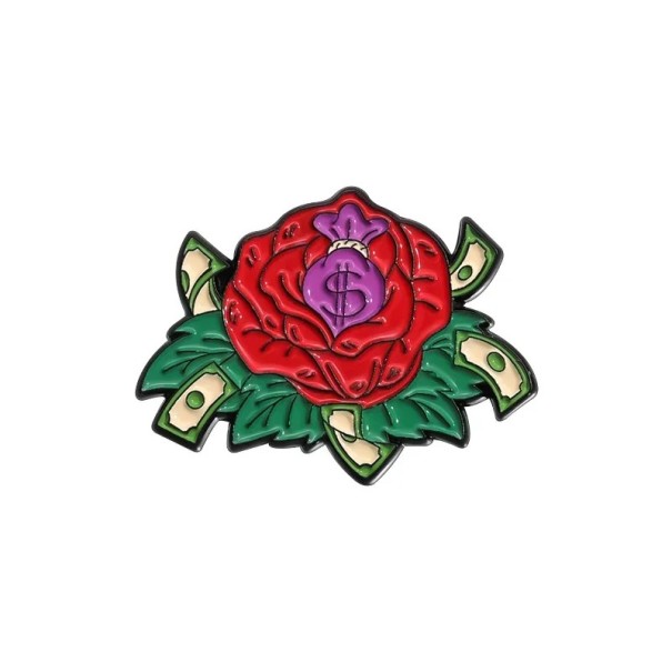 Metalen rozenbroche met bankbiljet- en geldzakmotief ca. 2 × 3 cm geëmailleerde pin rode groene badge voor kleding revers 1