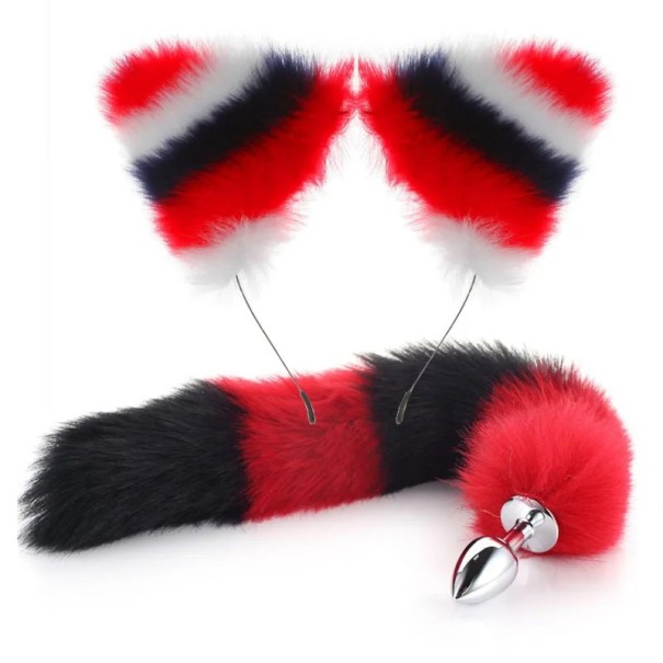Metall butt plug med färgglad fox tail och pannband med öron slät yta ergonomisk design diskret förpackning