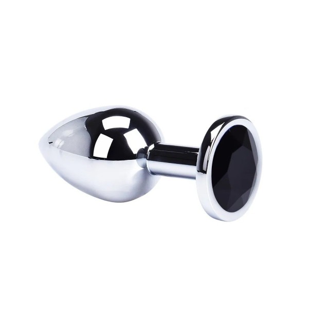 Metall buttplug med färgad sten storlek S 2,8 x 7 cm slät yta ergonomisk design lättskött diskret förpackning svart