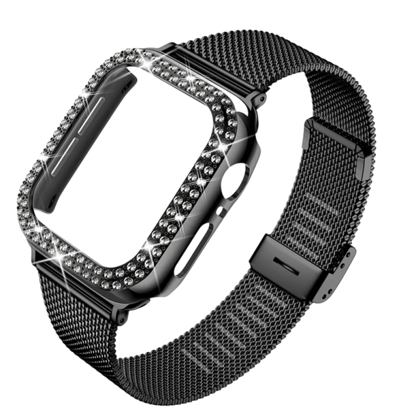 Metallarmband aus Edelstahl mit Gehäuse und Steinen für Apple Watch Series 4 5 6 SE 40 mm Elegantes robustes Armband mit Schutzhülle für die Uhr schwarz