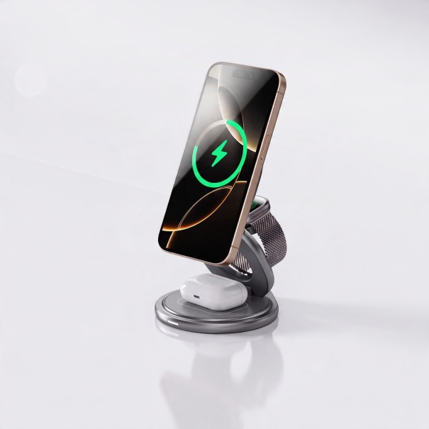 Metallinen magneettinen langaton latausasema 3v1 Qi2.2 25 W Kääntyvä 360° Taitettava iPhonelle, Apple Watchille ja AirPodsille harmaa