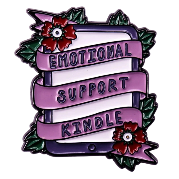 Metallische Brosche Lesegerät mit dem Text Emotional Support Kindle, metallischer Pin, bunter Anstecker für Kleidung, Rucksack, Tasche, Bibliotheksmotiv 1