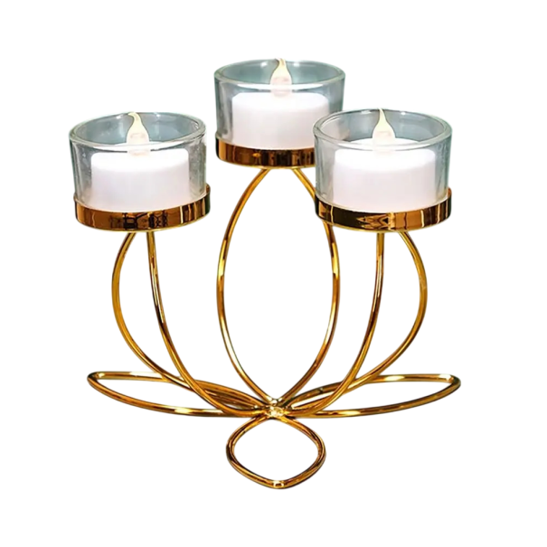 Metallischer Kerzenhalter für 3 Kerzen geometrischer Halter 15 × 13 × 10 cm eiserner goldener Ständer für Teelichter Tischdekoration für abendliche Atmosphäre 1