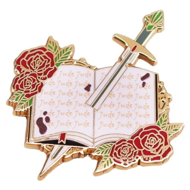 Metallisk brosch öppen bok med svärd och rosor metallpin färgad badge för kläder ryggsäck väska romantisk bibliotekstema 1