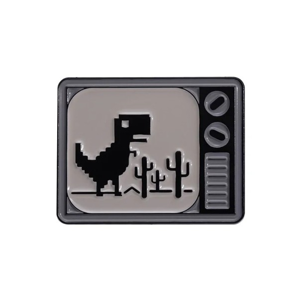 Metallisk brosch retro TV pixel dinosaur 2,3 x 2,8 cm emaljerad knapp svartvit pin för kläder ryggsäck spel tillbehör 1