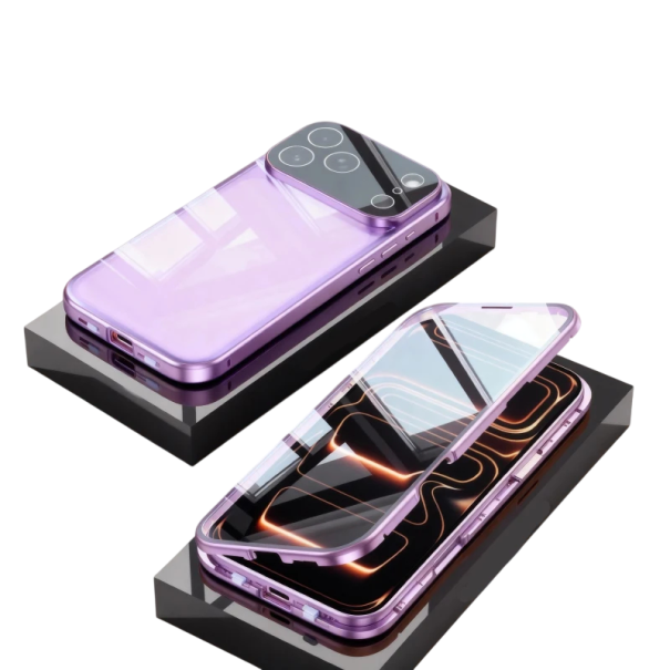 Metallisk magnetisk dubbelglasig skydd för iPhone 17 med klicklås i aluminiumlegering lila