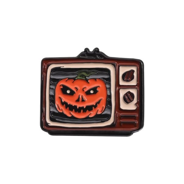 Metallisk nål med tv och pumpa ca 3 x 2,5 cm pin märke orange-svart Halloween skräckmotiv skrämmande tillbehör till ryggsäck kläder 1