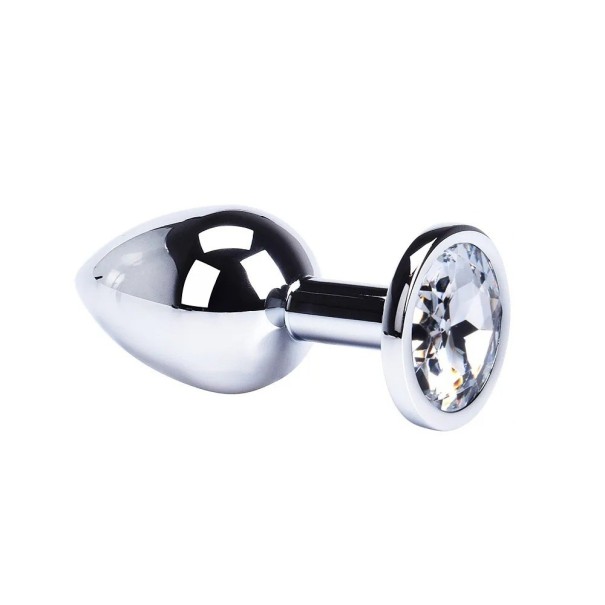 Metalowy korek analny z kolorowym kamieniem rozmiar M 34mm gładka powierzchnia ergonomiczny design łatwa konserwacja dyskretne opakowanie przezroczysty