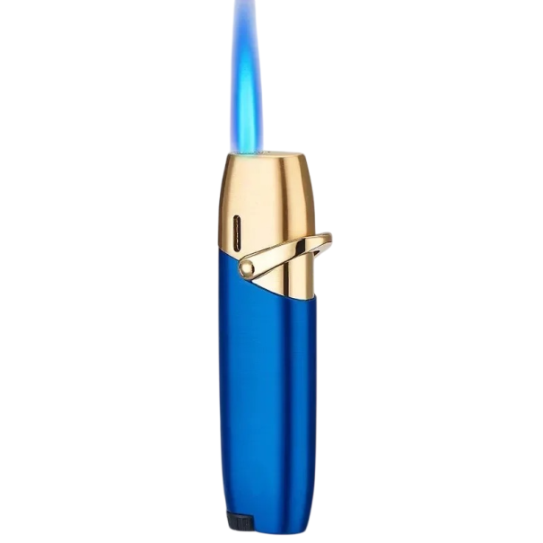 Metalowy zapalacz gazowy z dyszą, uzupełnialny zapalacz butanowy, niebieski płomień, wiatroodporny zapalacz z widocznym zbiornikiem na paliwo, jednokolorowy niebieski