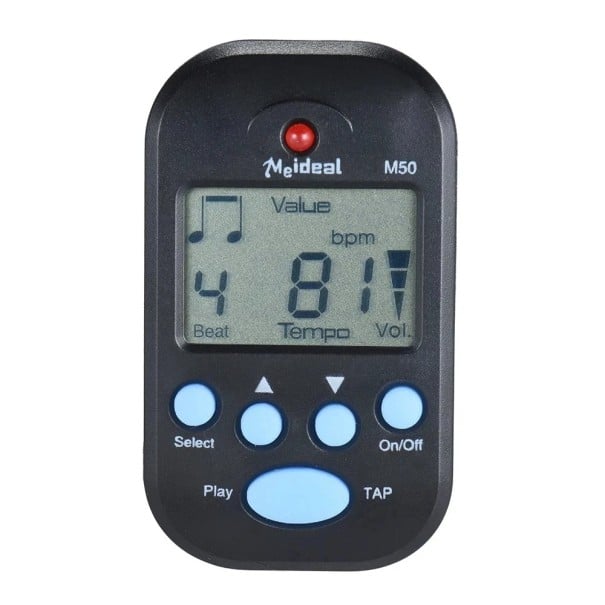 Metrónomo mini digital 12 x 8 x 3 cm pantalla LCD 0–9 compases Tempo 30–280 bpm Función TAP Clip y orificio para cordón salida de 3,5 mm 1