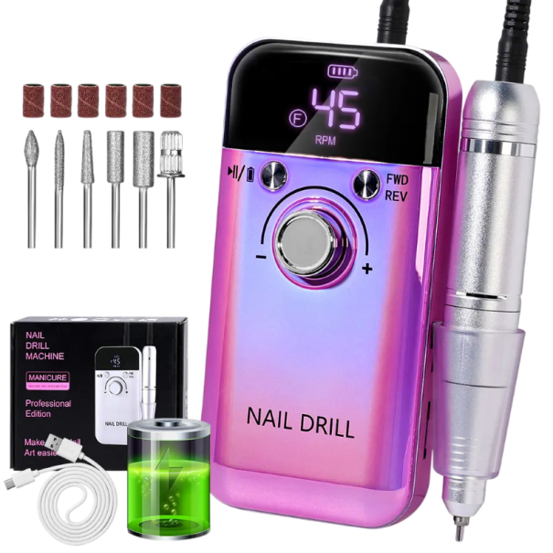 Meuleuse à ongles portable professionnelle rechargeable 45000 tr/min avec écran LCD et marche arrière pour ongles en gel manucure pédicure violet
