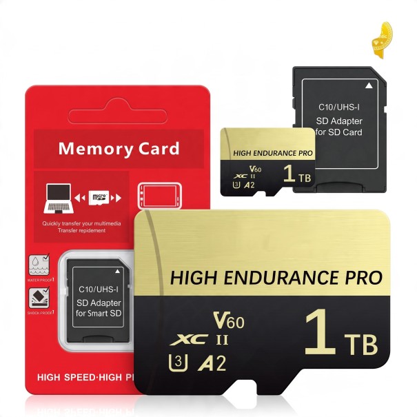 Micro SD-kort 1 TB High Endurance Pro MicroSDXC V60 U3 A2 med SD-adapter Guld og Sort til kamera, fotoapparat og mobil 1